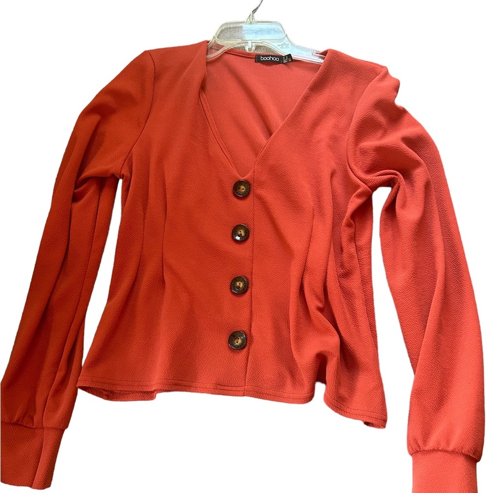Boohoo orange puff sleeve button down blouse